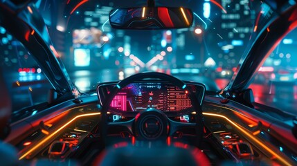 Wall Mural - The empty cockpit of a vehicle equipped with a Head-Up Display (HUD) and digital speedometer, representing an autonomous, driverless, self-driving vehicle