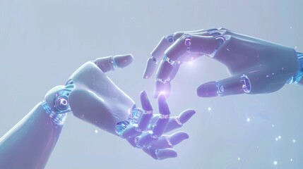 A 3D illustration depicting the hands of a robot and a human touching, symbolizing the concept of virtual reality or artificial intelligence technology