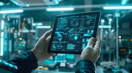 Poster - In the context of Industry 4.0 and smart logistics, a hand holds a tablet with an AR application to check order pick times in a smart factory background