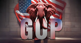 Fototapeta  - Red republican party elephant with US flag in the background and Great Old Pary initials