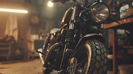 Custom Bobber Motorbike Standing in an Authentic Creative Workshop. Vintage Style Motorcycle Under Warm Lamp Light in a Garage.