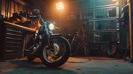 Custom Bobber Motorbike Standing in an Authentic Creative Workshop. Vintage Style Motorcycle Under Warm Lamp Light in a Garage.