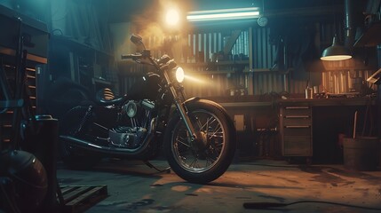 Custom Bobber Motorbike Standing in an Authentic Creative Workshop. Vintage Style Motorcycle Under Warm Lamp Light in a Garage.