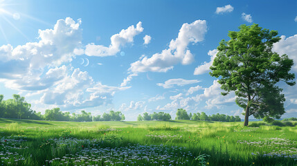 field and blue sky with clouds