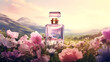 Perfume transparent bottle on pastel background, perfume display