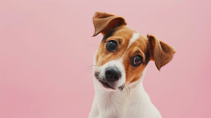 Adorable jack russell terrier dog with curious questioning face isolated on light pastel background with copy space. Studio portrait photo.