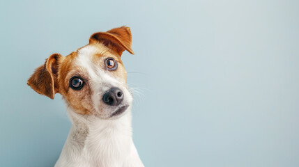 Adorable jack russell terrier dog with curious questioning face isolated on light pastel background with copy space. Studio portrait photo.