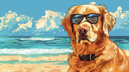 Wall Mural - Cool looking golden retriever dog at the beach. Comic style illustration.