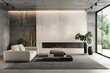 Minimalist style interior design of modern living room with fireplace and concrete walls. Created with generative