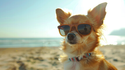 Wall Mural - Cool looking chihuahua dog at the beach.Summer vacation at sea side with your dog.