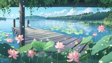 Tranquil Lakeside Retreat With Lotus Flowers And Dragonflies - Minimalist Anime Background