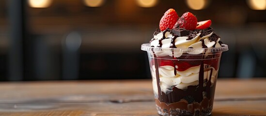Wall Mural - A delicious dessert of vanilla ice cream, topped with fresh strawberries and drizzled with chocolate, served in a plastic cup for takeout or delivery.