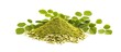 A pile of vibrant green leaves is positioned next to a mound of isolated moringa powder Moringa oleifera on a white background. The leaves and powder are neatly arranged in separate piles, showcasing