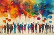 © Simon - Colorful illustration of a group of people raising their hands and speech bubbles.