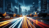 Fototapeta  - Abstract speeding motion blurred city and light trails, 3D rendering