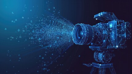 A polygonal movie camera with a video concept, depicted through vector cinema mesh spheres flying amidst debris. This thin line concept is illustrated in a blue structural style