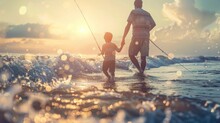 Father And Son Fishing In Ocean Surf At Sunset.