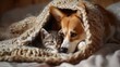 Pembroke welsh corgi dog looks at baby kitten under a warm blanket on a bed at home. Empty space for text