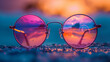 Sunset Reflected in Eyeglasses on Water-Droplet Covered Surface