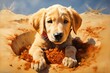 Playful Pug puppy in sandbox at sunny day. Doggy domestic cute animal. Generate Ai