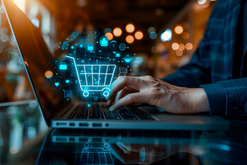 close up of a person shopping on the internet through a laptop with a shopping cart icon on it. Generative AI