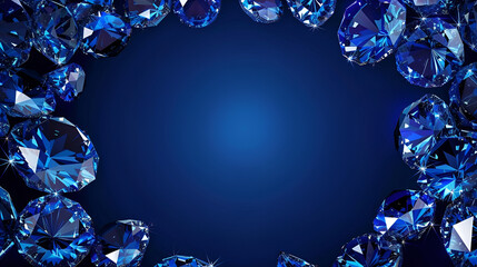 Wall Mural - sapphires on a blue background with space for text, banner for a jewelry store with copy space