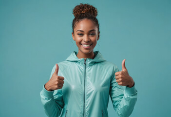 A cheerful woman in a windbreaker gives a double thumbs up. Her bright smile and active stance are against a blue background.