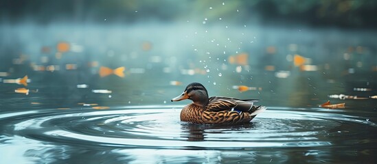 Wall Mural - A photo showing a duck peacefully floating on the surface of a calm body of water.