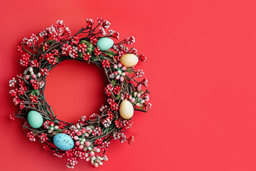 Wall Mural - Colorful Easter Wreath with Vibrant Eggs on Red Background, Festive Spring Holiday Decoration