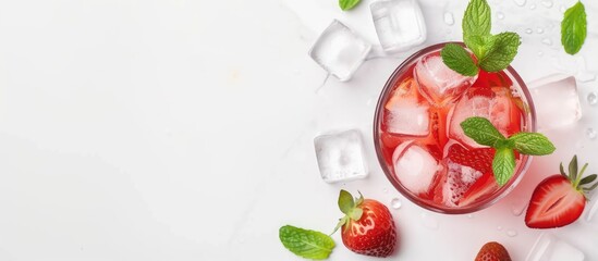 Poster - A classic glass is filled with ice and strawberries on top of a wooden table. The strawberries look refreshing and vibrant against the white background.