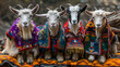 Cute little goats in traditional colorful Peruvian ponchos
