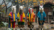 Alpacas in Peruvian colorful ponchos in South America