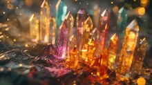 Colourful Crystals Representing Money And Abundance, Gold Lights, Nature. Generative AI