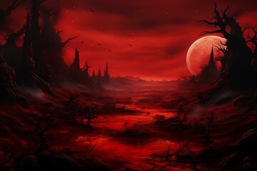 Wall Mural - Mystical Red fantasy landscape. Star night. Generate Ai