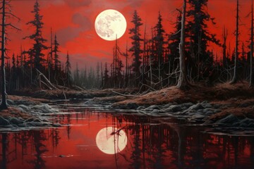 Wall Mural - Mystical Red lake fantasy landscape. Cosmos view. Generate Ai