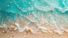 Sea Coast With Sand, Ocean Wave, Shells And Star Fish On Tropical Island. Beach With Sandy Seaside, Blue Transparent Water Surface. Paradise Island, Exotic Tropical