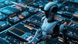 © @_ greta - Robot operates Data Server .artificial intelligence robot ,digital technology concept with 3D data rendering.
