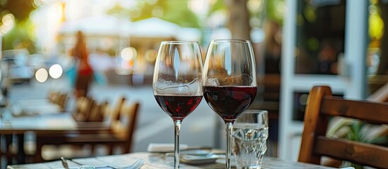 two glasses filled with red wine are placed on top of a wooden table at a mediterranean-style outdoo