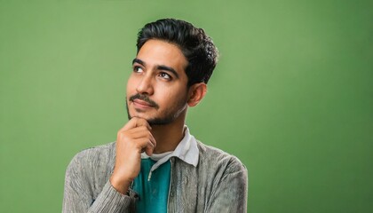 Wall Mural - Attractive young Caucasian man thinking about things with hand under chin and looking sideways with doubtful and skeptical expression, suspect and doubt.