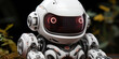 A white humanoid robot seated with glowing red eyes, suggesting advanced AI