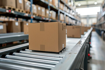 Poster - Cardboard box on conveyor belt in a modern distribution warehouse.