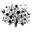 © Rokeyadesigner - A set of silhouettes of a graceful tree blooming flowers with birds.