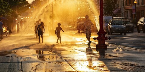 Kids playing in the water from a fire hydrant