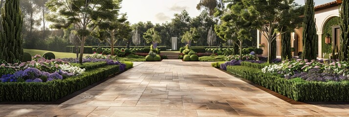 Wall Mural - Home landscaping - vast front yard garden with pathway and dirveway along with gravel and vegetation