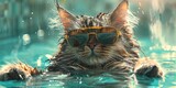 Fototapeta  - cat wearing sunglasses in swimming pool floating in the summer water