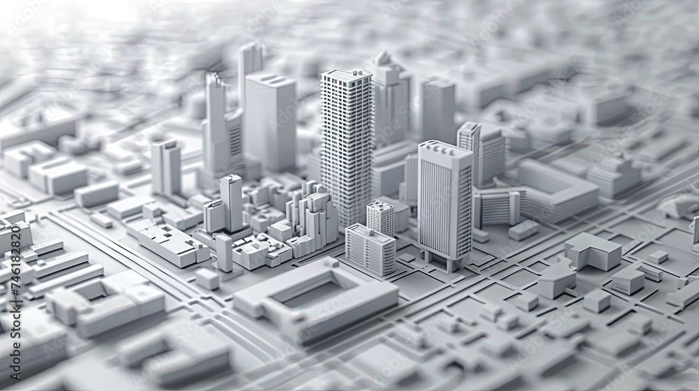 Cityscape 3D model on top of architectural blueprints, Engineering ...