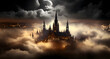 dark clouds hover over an illuminated gothic cathedral