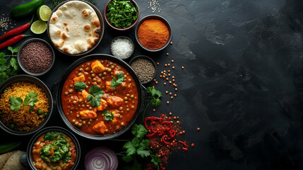 Assorted various Indian food on a dark rustic background. Traditional Indian dishes Chicken tikka masala, palak paneer, saffron rice, lentil soup, pita bread and spices. Square photo.Top view