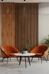 Wall Mural - Interior of modern waiting room with wooden walls, orange armchairs and coffee table. 3d rendering