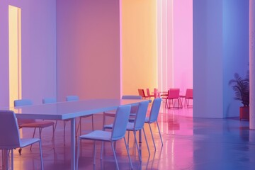 Wall Mural - Interior of modern meeting room with pink and blue walls, concrete floor, long wooden table with purple chairs